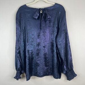Loft Bow Back Silky Satin Blouse‎ Womens XLarge Midnight Blue Smocked Cuffs Chic